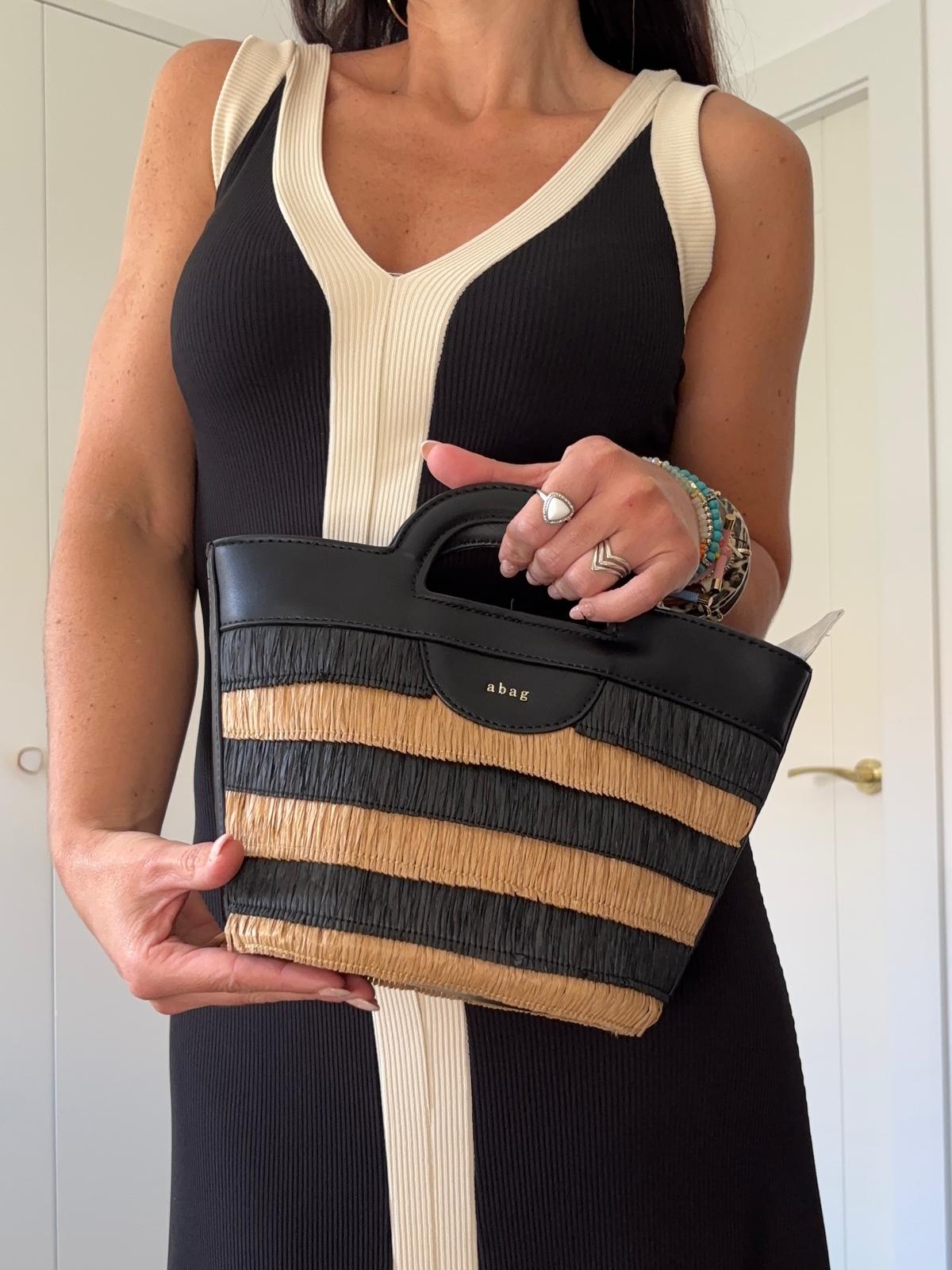 Bolso Rafia Rayas Negro y Natural